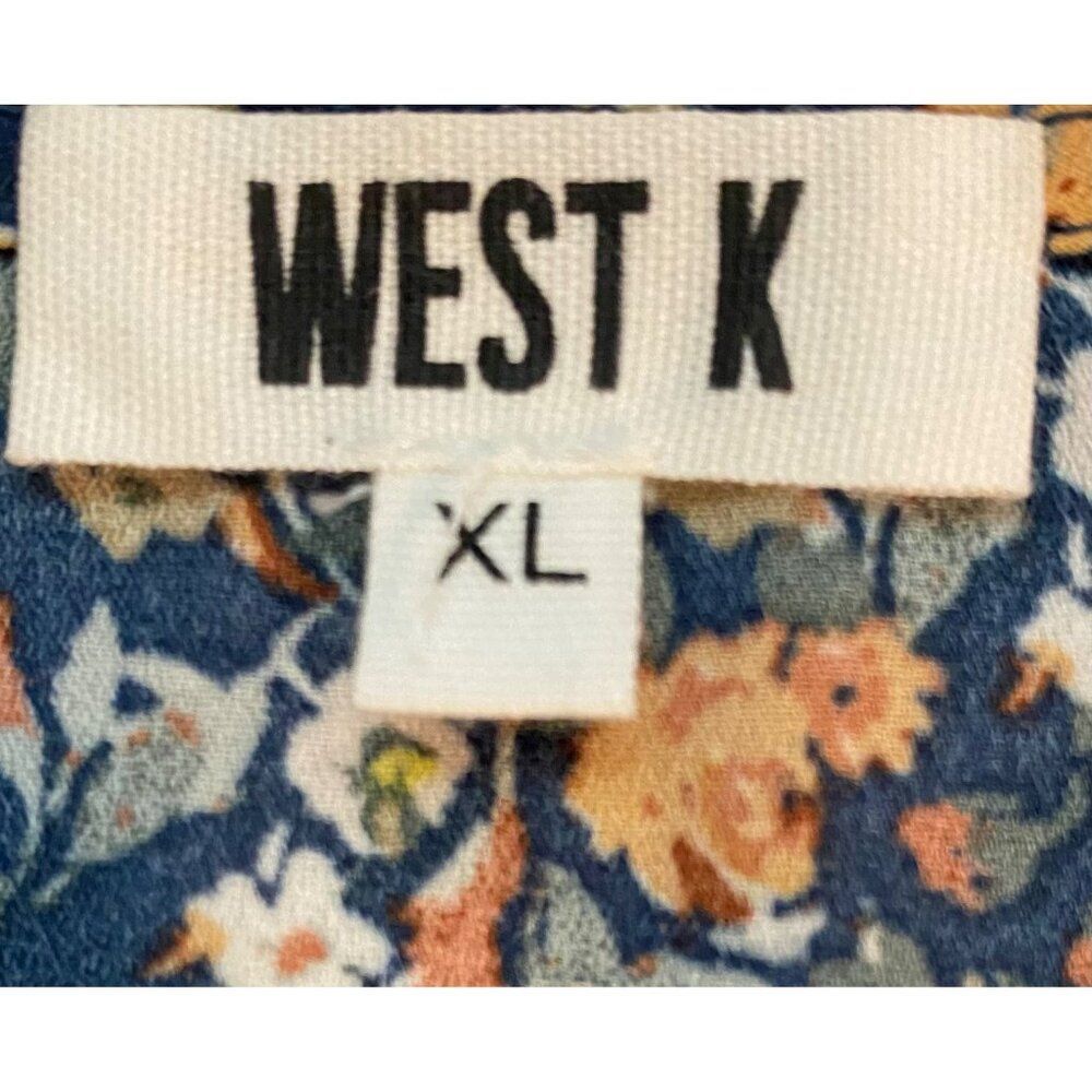 West K Top Women's XL Blue Floral Print Short Sleeve Faux Wrap Boho Peasant Boxy - Picture 3 of 16